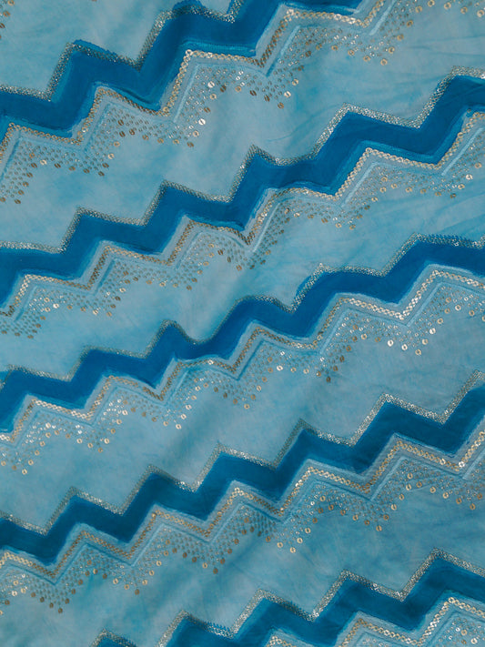 Hippie Blue Mul chanderi pure viscose Sequence Embroidery work with position print fabric - MBA Fabricwala