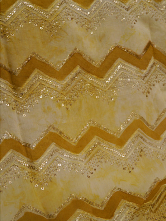 Luxor Gold Mul chanderi pure viscose Sequence Embroidery work with position print fabric - MBA Fabricwala