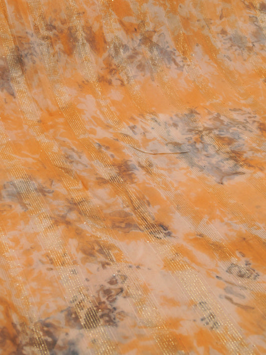 Orange & Grey Chanderi Pure viscose Shibori Print With Embroidered (Zari) Fabric - MBA Fabricwala