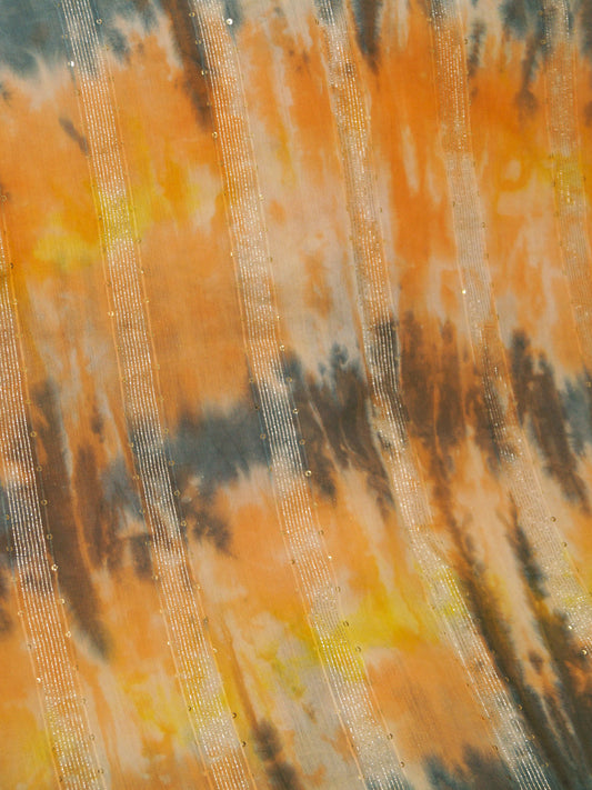 Orange  & Grey Chanderi Pure viscose Shibori Print With Embroidered (Zari) Fabric - MBA Fabricwala