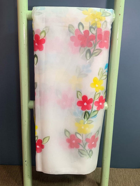 White Organza with foil and hand print fabric - MBA Fabricwala