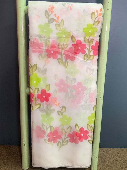 White Organza with foil and hand print fabric - MBA Fabricwala