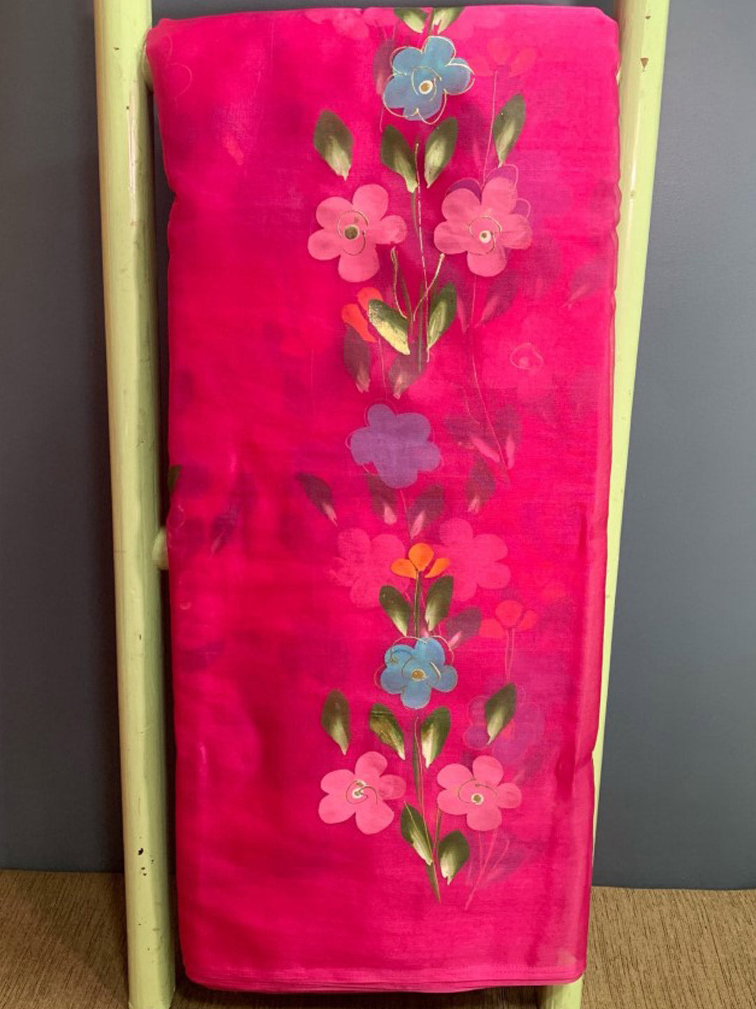 Pink red Organza Tie n Dye with foil and hand print fabric - MBA Fabricwala