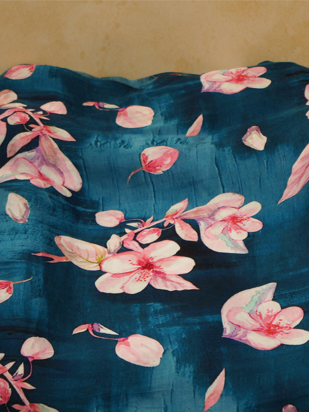 Pure Modal Satin Bemberg Dark Grey Blue Flower Printed Fabric - MBA Fabricwala