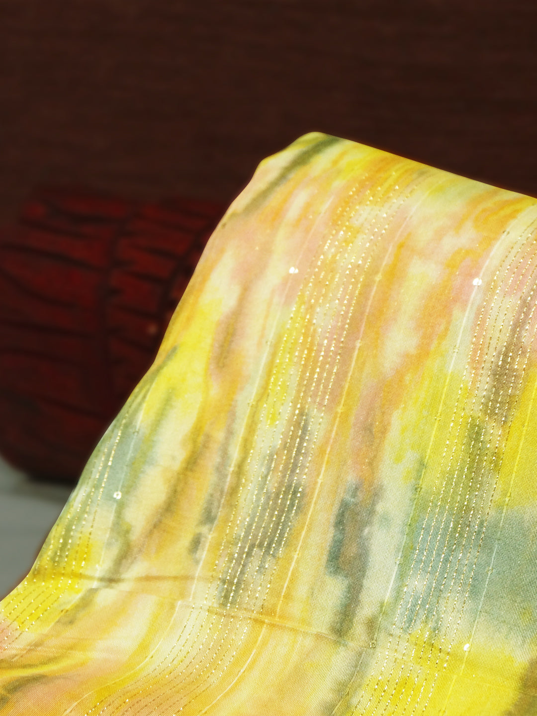Multicolour (Yellow, Green & Organge ) Pure viscose mul chanderi fabric with shibori & zari - MBA Fabricwala