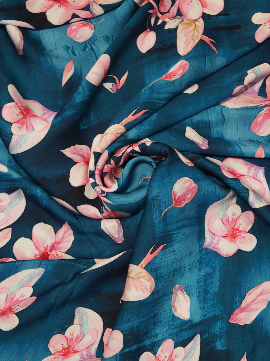 Pure Modal Satin Bemberg Dark Grey Blue Flower Printed Fabric - MBA Fabricwala