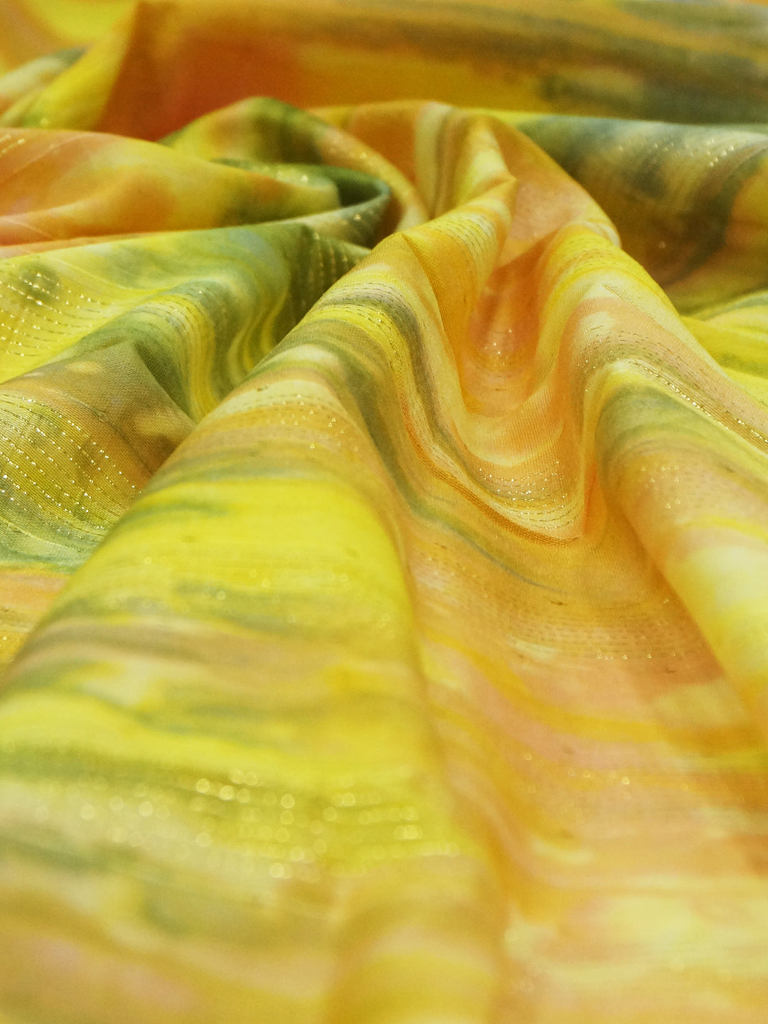 Multicolour (Yellow, Green & Organge ) Pure viscose mul chanderi fabric with shibori & zari - MBA Fabricwala