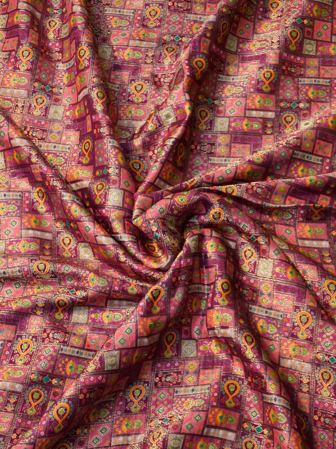 Wine Colour Russian Silk Viscose Jacquard work with position print fabric - MBA Fabricwala