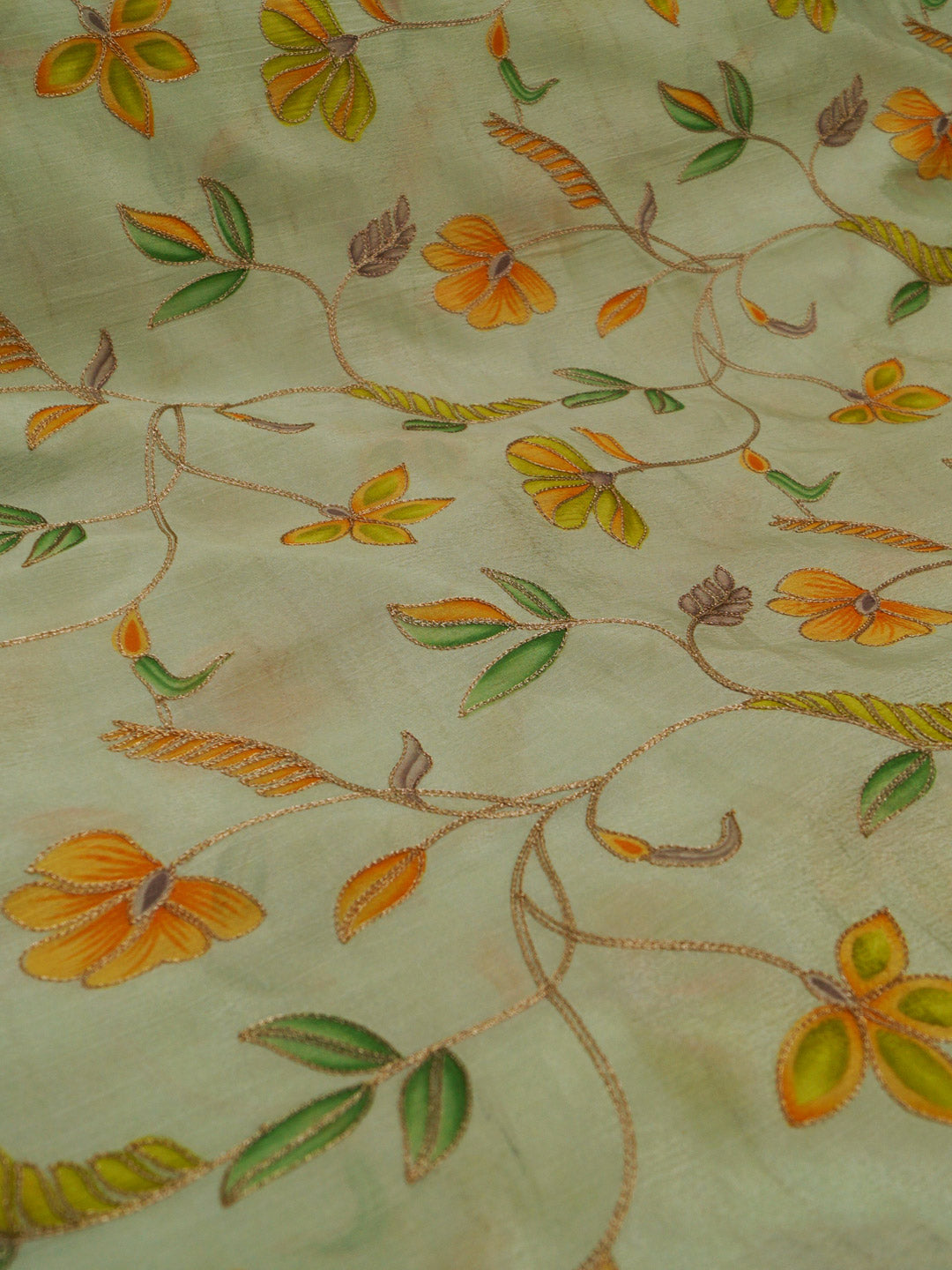 Pastel Green Coloured Chinon (Nylon) Leaves & Sequence Embroidered Fabric with position print fabric - MBA Fabricwala