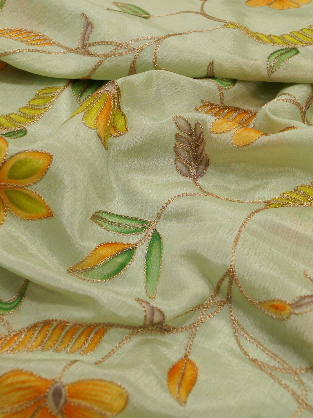 Pastel Green Coloured Chinon (Nylon) Leaves & Sequence Embroidered Fabric with position print fabric - MBA Fabricwala