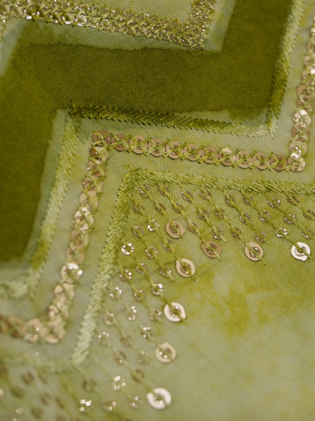 Pastel Green Mul chanderi pure viscose Sequence Embroidery work with position print fabric - MBA Fabricwala