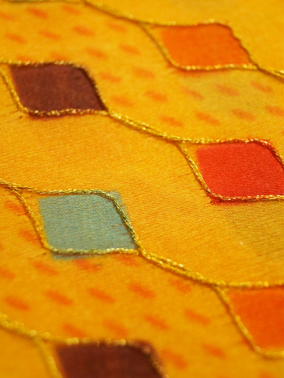 Yellow Coloured Chinon (Nylon) Sequence Embroidered Fabric with position print fabric - MBA Fabricwala