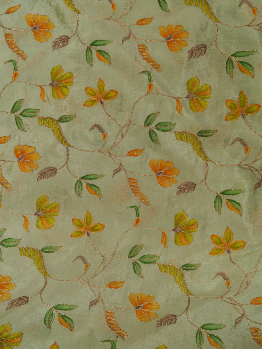 Pastel Green Coloured Chinon (Nylon) Leaves & Sequence Embroidered Fabric with position print fabric - MBA Fabricwala