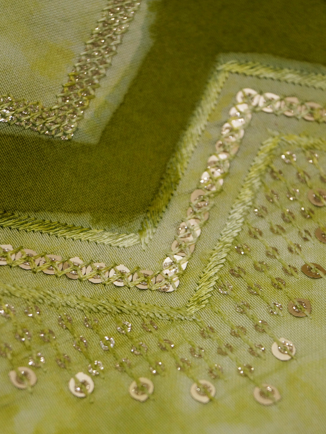 Pastel Green Mul chanderi pure viscose Sequence Embroidery work with position print fabric - MBA Fabricwala