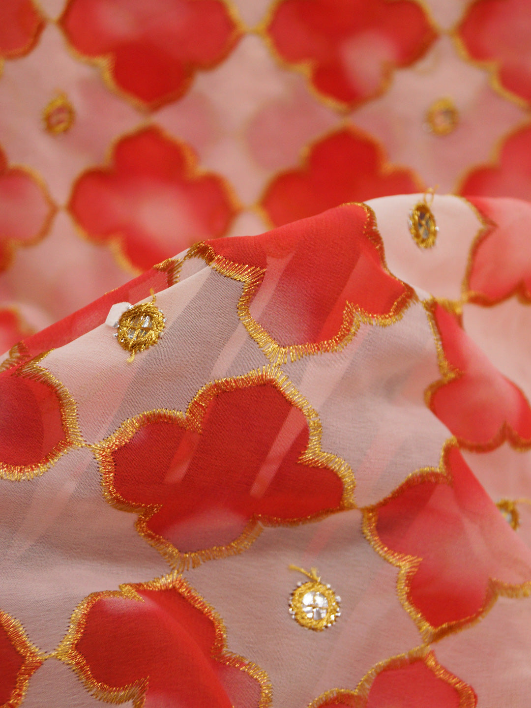 Red Georgette (Nylon) Embroidered Fabric with position print fabric - MBA Fabricwala