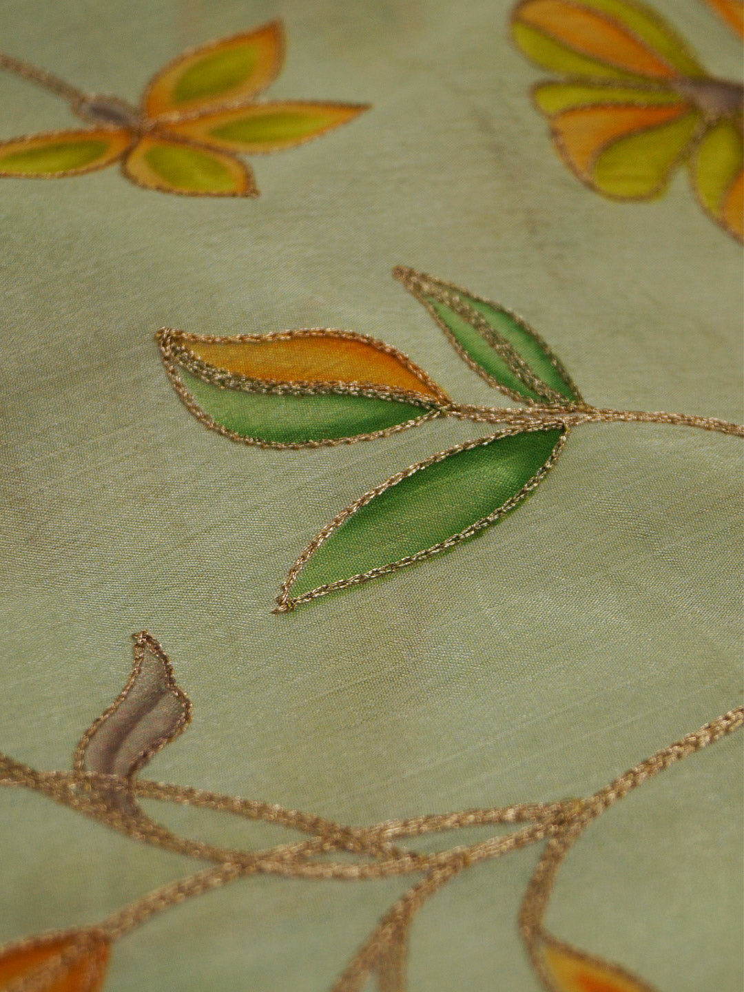 Pastel Green Coloured Chinon (Nylon) Leaves & Sequence Embroidered Fabric with position print fabric - MBA Fabricwala