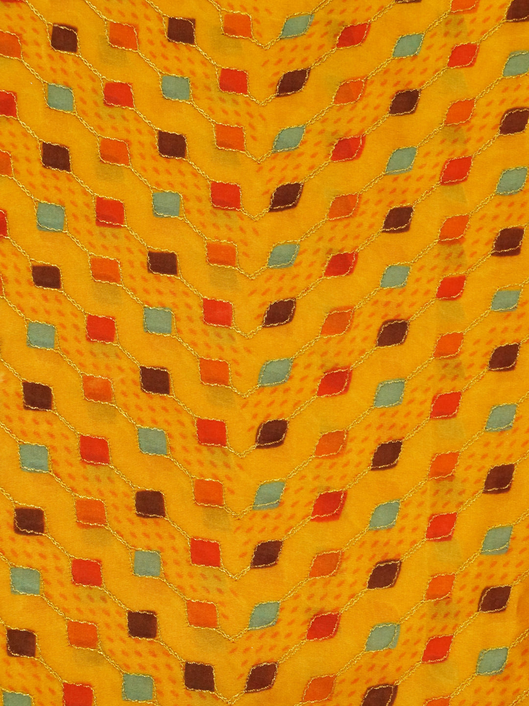 Yellow Coloured Chinon (Nylon) Sequence Embroidered Fabric with position print fabric - MBA Fabricwala