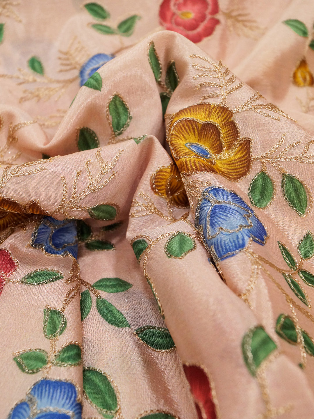 Beige Coloured Chinon (Nylon) Floral & Sequence Embroidered Fabric with position print fabric - MBA Fabricwala