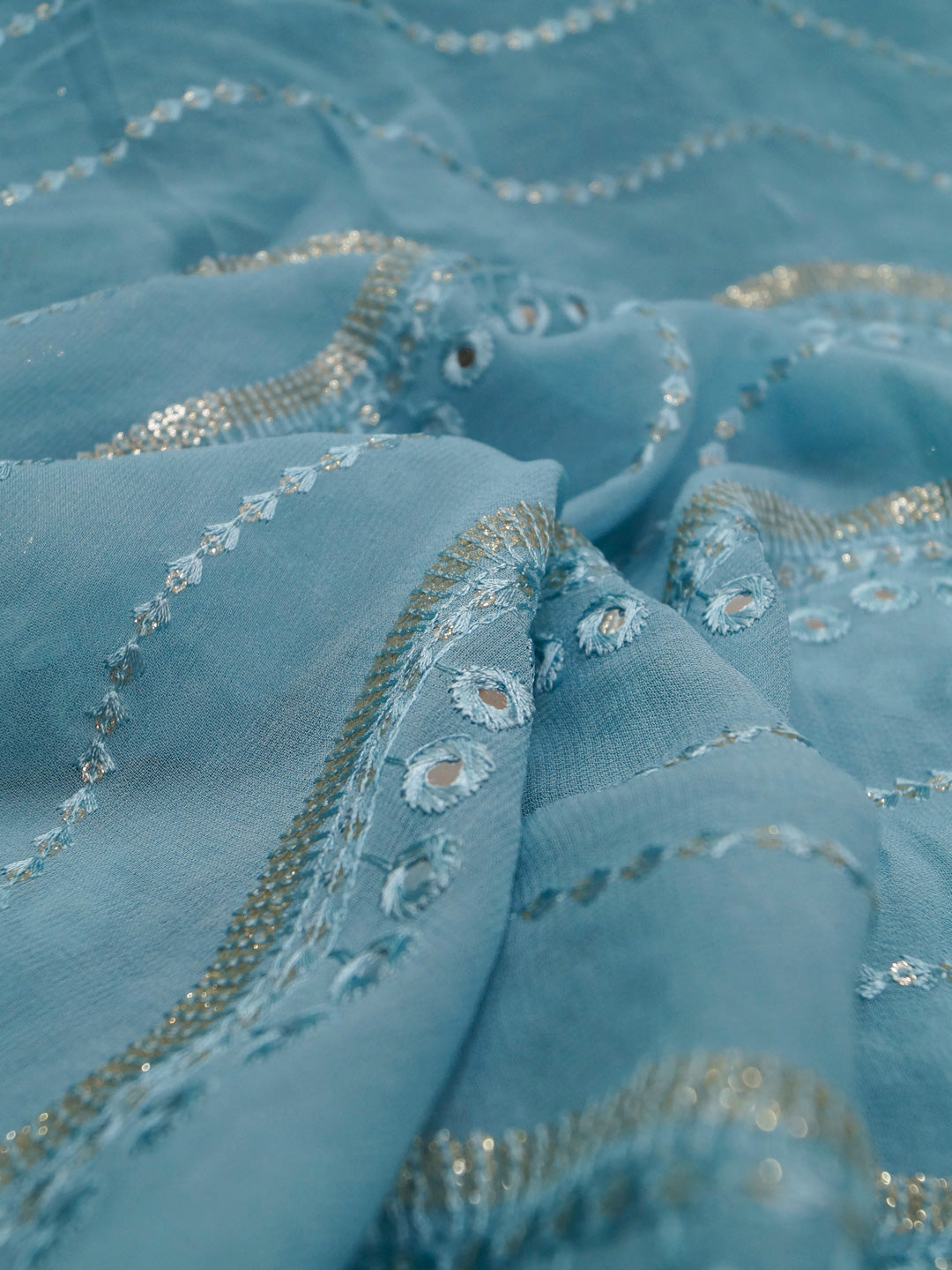 Sky Blue Georgette Pure Viscose With Embroidery And Sequence Work Fabric - MBA Fabricwala