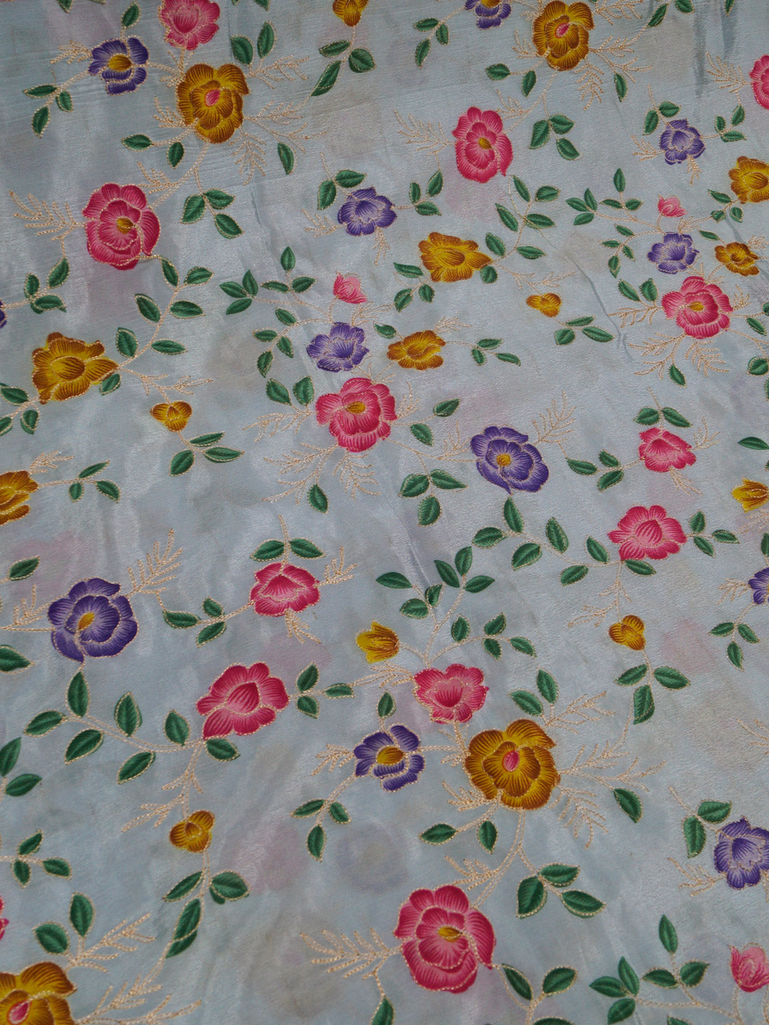 Grey  Coloured Chinon (Nylon) Floral & Sequence Embroidered Fabric with position print fabric - MBA Fabricwala