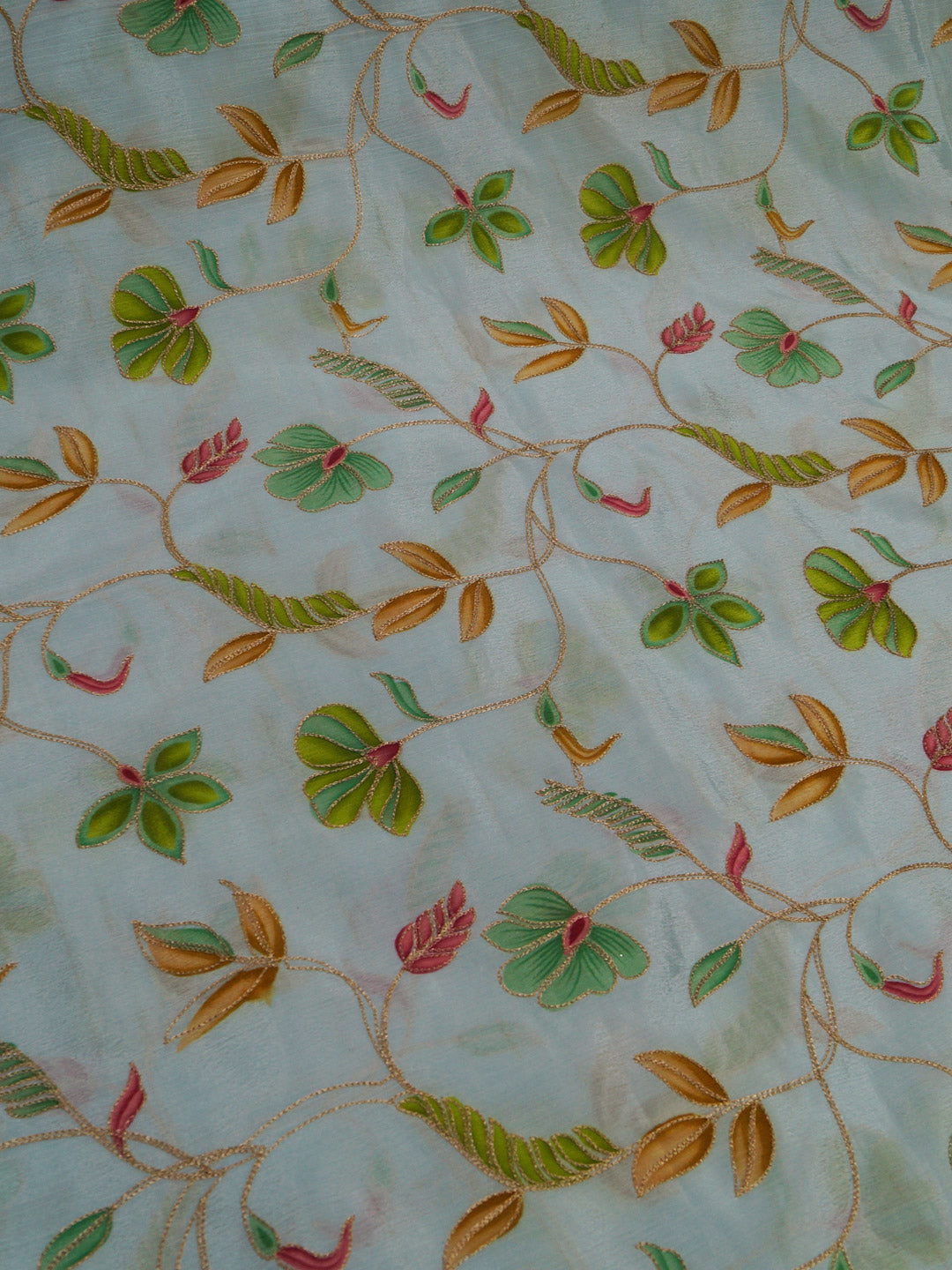 Light Blue Coloured Chinon (Nylon) Leaves & Sequence Embroidered Fabric with position print fabric - MBA Fabricwala