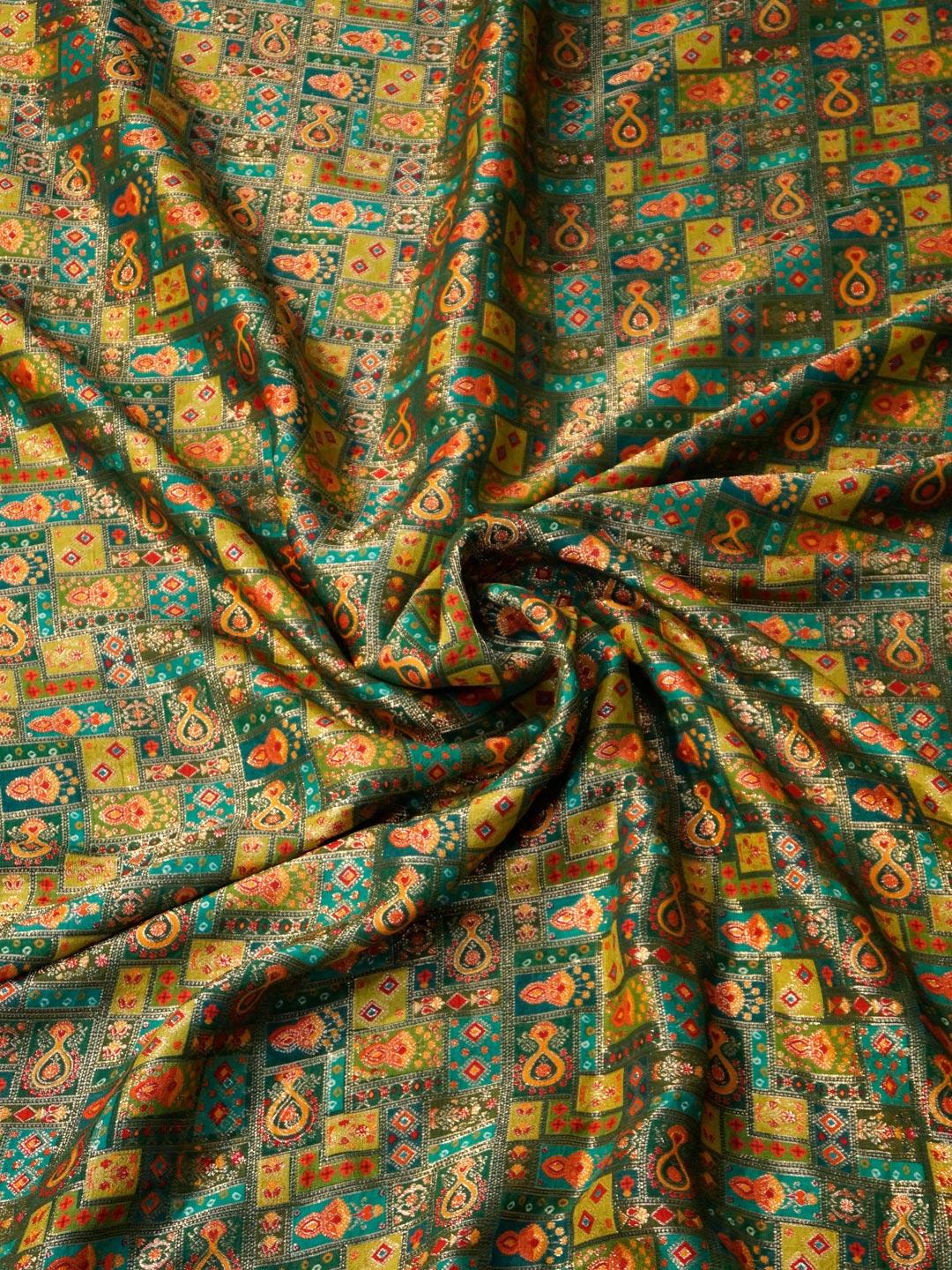 Green & Golden Brown Colour Russian Silk Viscose Jacquard work with position print fabric - MBA Fabricwala