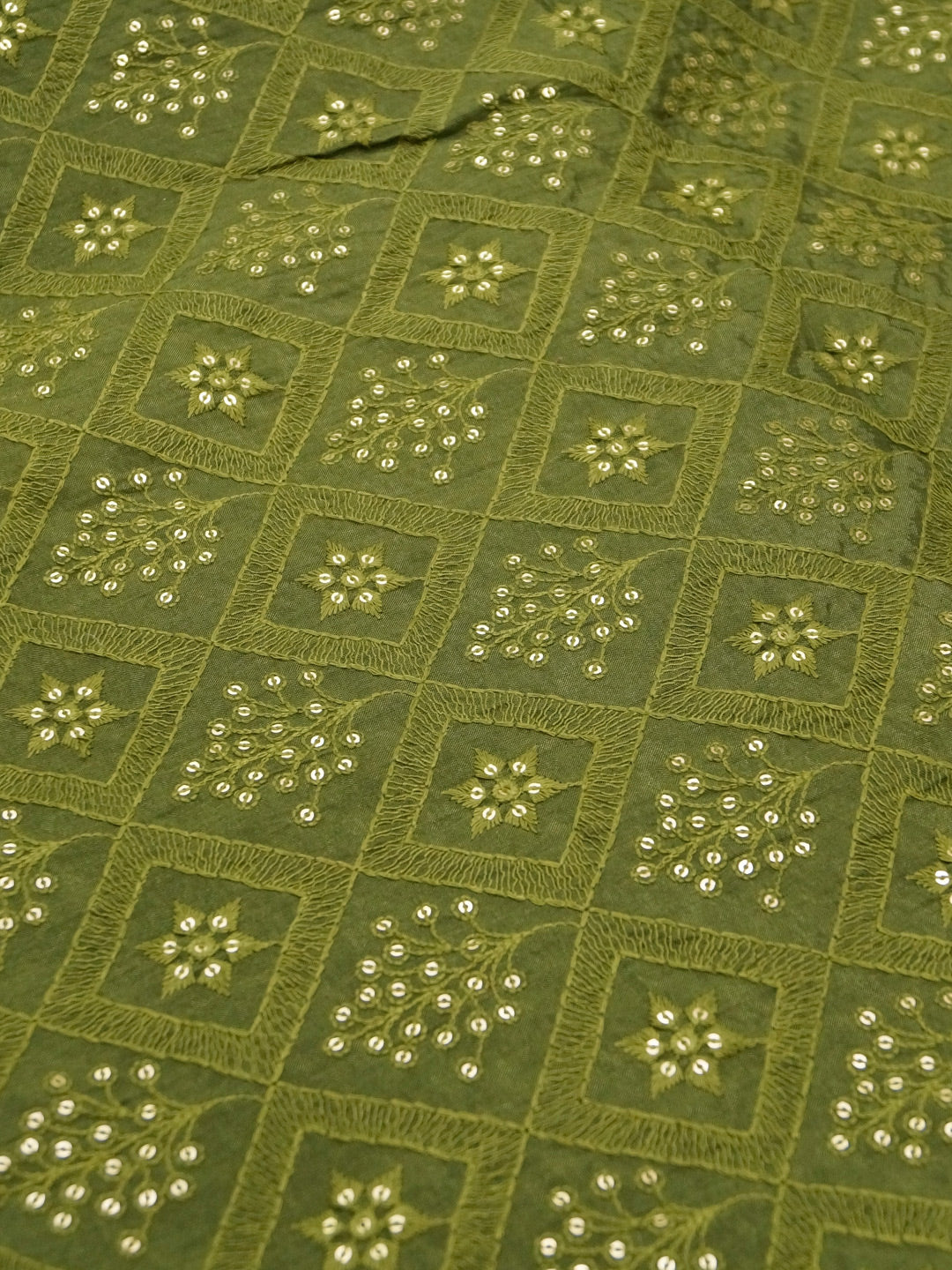 Mehandi Green Uppara Silk Pure Viscose With Thread Embroidery fabric - MBA Fabricwala