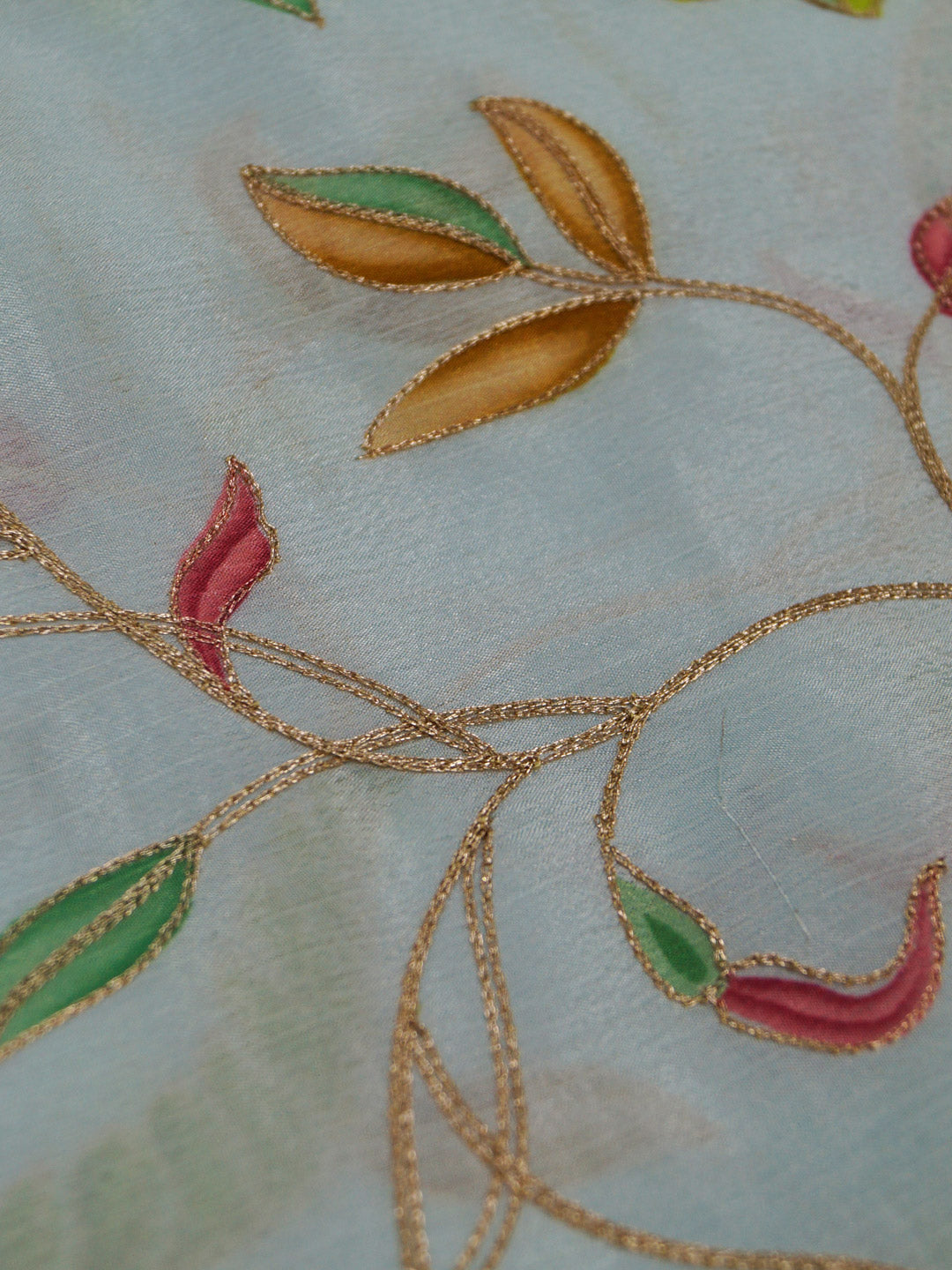 Light Blue Coloured Chinon (Nylon) Leaves & Sequence Embroidered Fabric with position print fabric - MBA Fabricwala