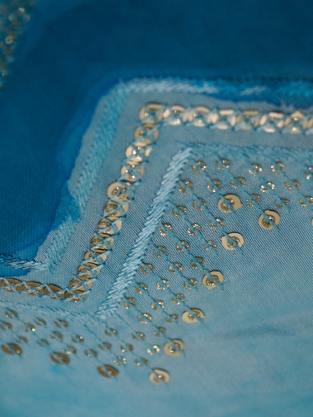 Hippie Blue Mul chanderi pure viscose Sequence Embroidery work with position print fabric - MBA Fabricwala