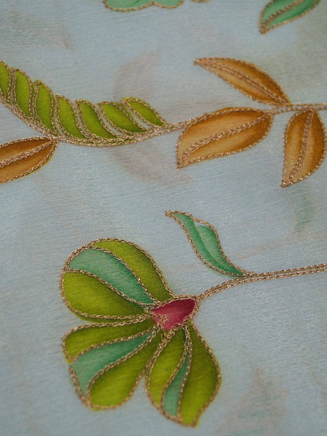 Light Blue Coloured Chinon (Nylon) Leaves & Sequence Embroidered Fabric with position print fabric - MBA Fabricwala