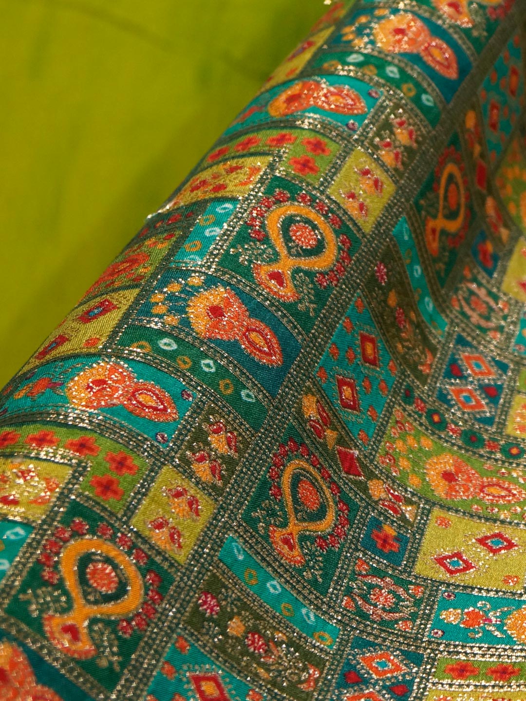 Green & Golden Brown Colour Russian Silk Viscose Jacquard work with position print fabric - MBA Fabricwala