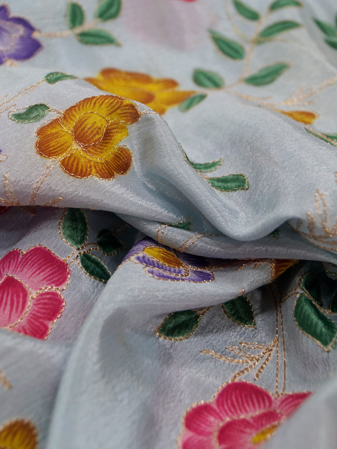 Grey  Coloured Chinon (Nylon) Floral & Sequence Embroidered Fabric with position print fabric - MBA Fabricwala