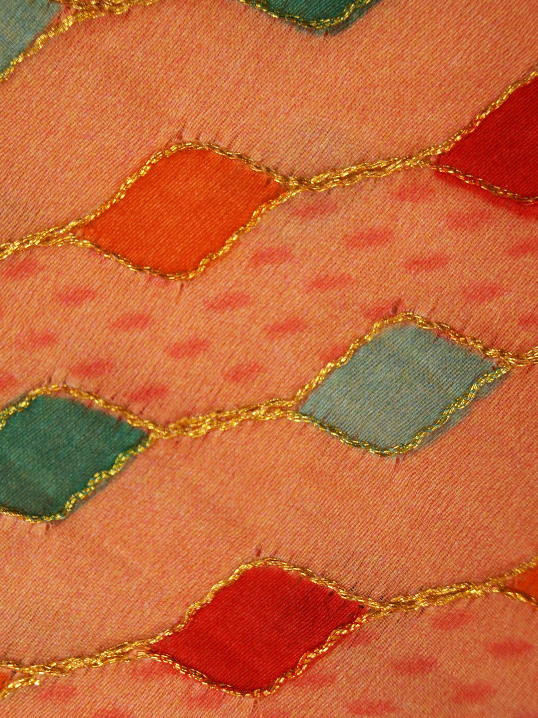 Dark Peach Coloured Chinon (Nylon) Sequence Embroidered Fabric with position print fabric - MBA Fabricwala