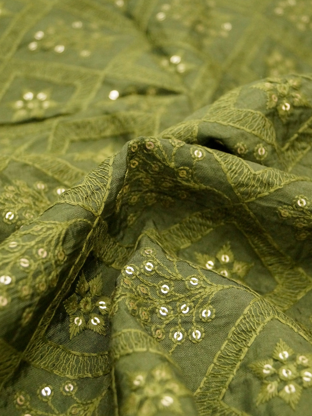 Mehandi Green Uppara Silk Pure Viscose With Thread Embroidery fabric - MBA Fabricwala