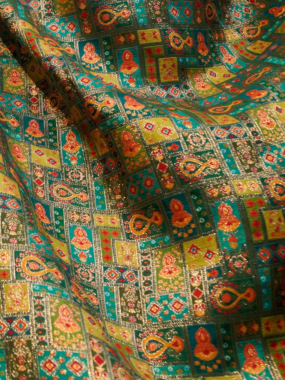 Green & Golden Brown Colour Russian Silk Viscose Jacquard work with position print fabric - MBA Fabricwala