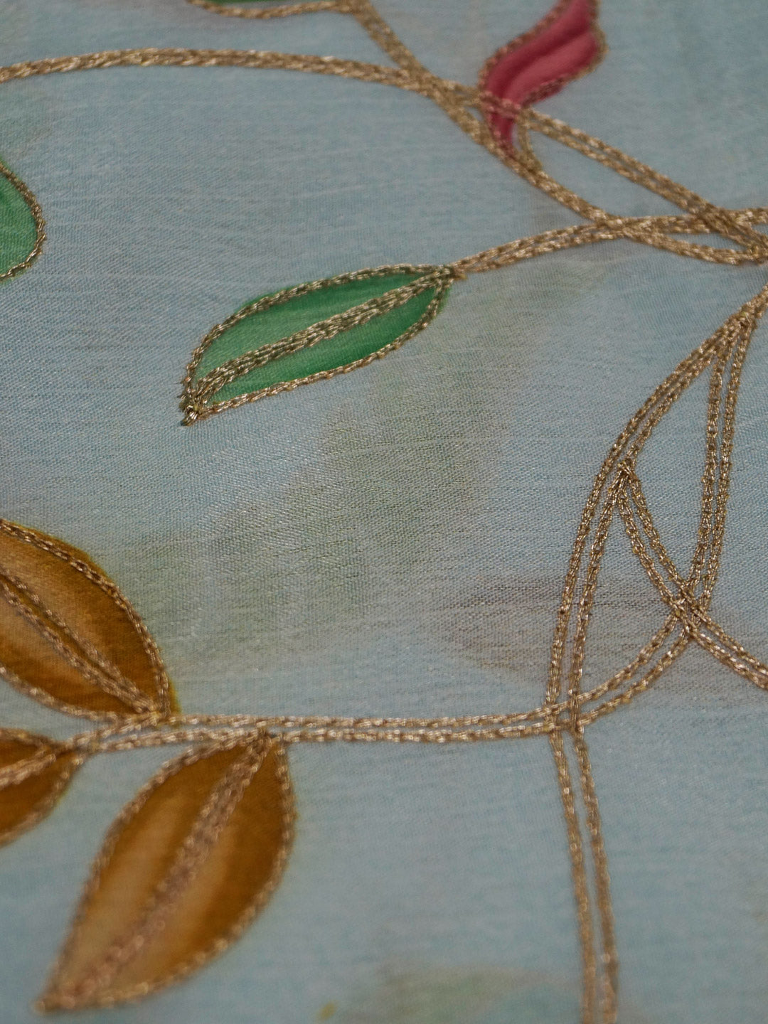 Light Blue Coloured Chinon (Nylon) Leaves & Sequence Embroidered Fabric with position print fabric - MBA Fabricwala