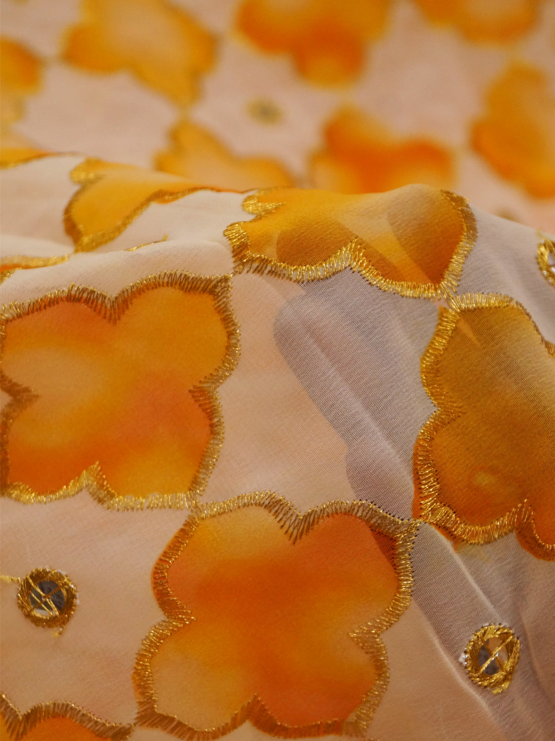 Yellowish Orange Georgette (Nylon) Embroidered Fabric with position print fabric - MBA Fabricwala