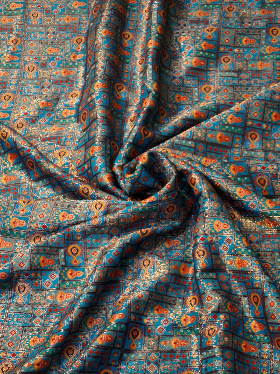 Dusty Blue Colour Russian Silk Viscose Jacquard work with position print fabric - MBA Fabricwala