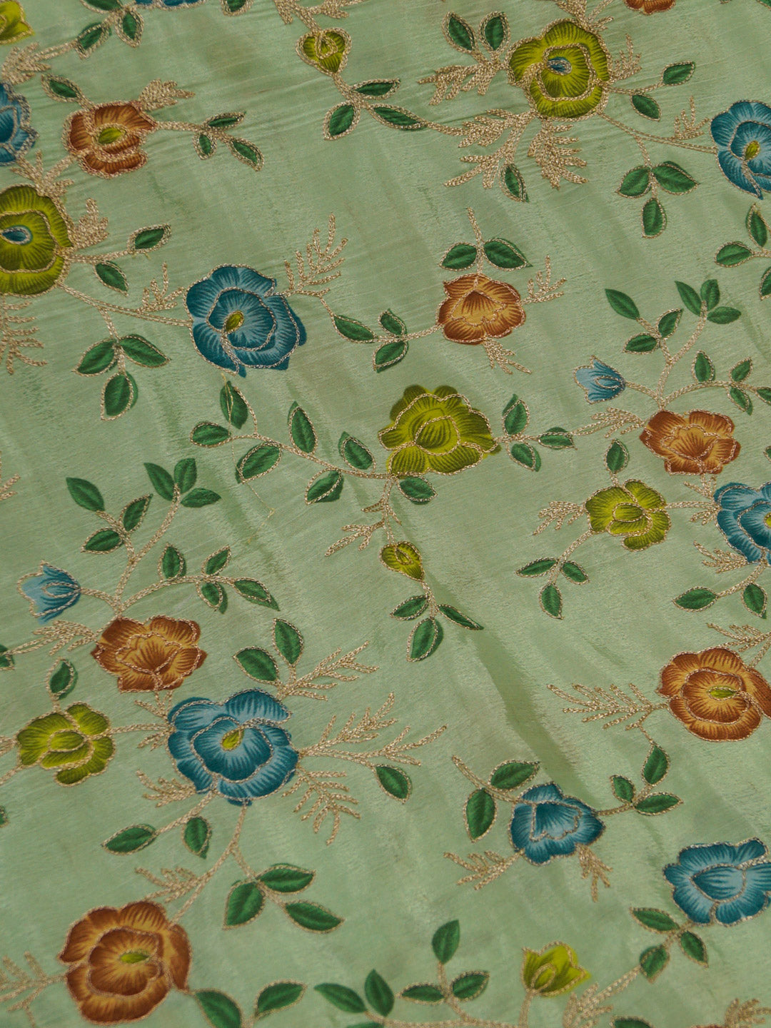 Pastel Green Coloured Chinon (Nylon) Floral & Sequence Embroidered Fabric with position print fabric - MBA Fabricwala