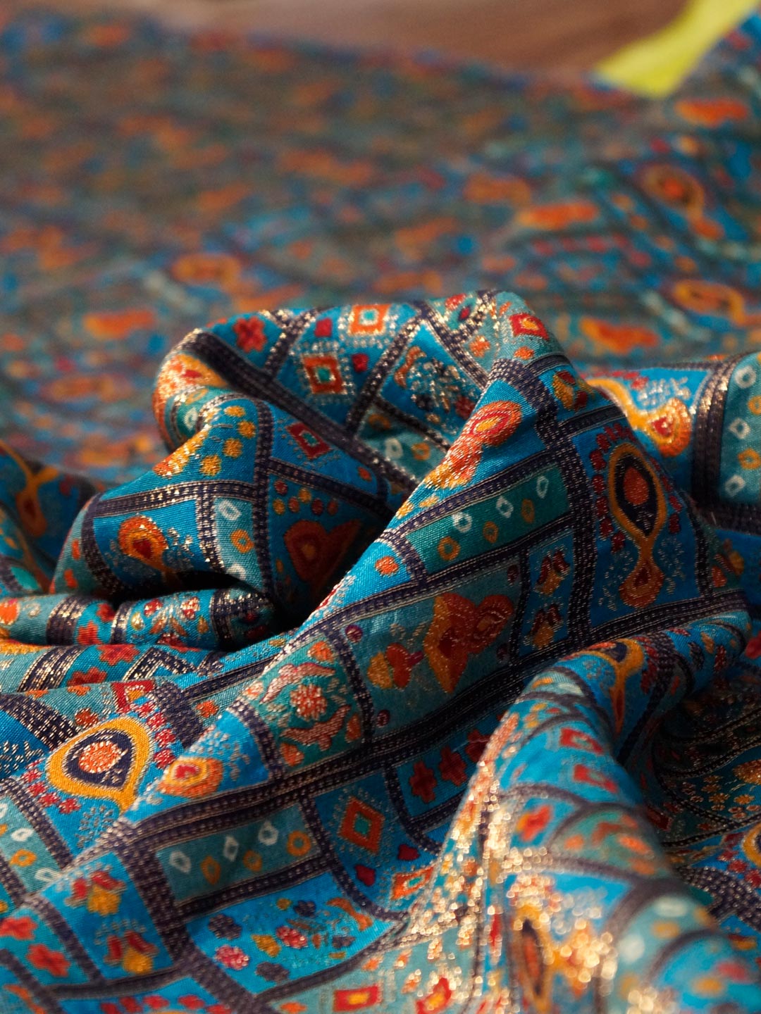 Dusty Blue Colour Russian Silk Viscose Jacquard work with position print fabric - MBA Fabricwala
