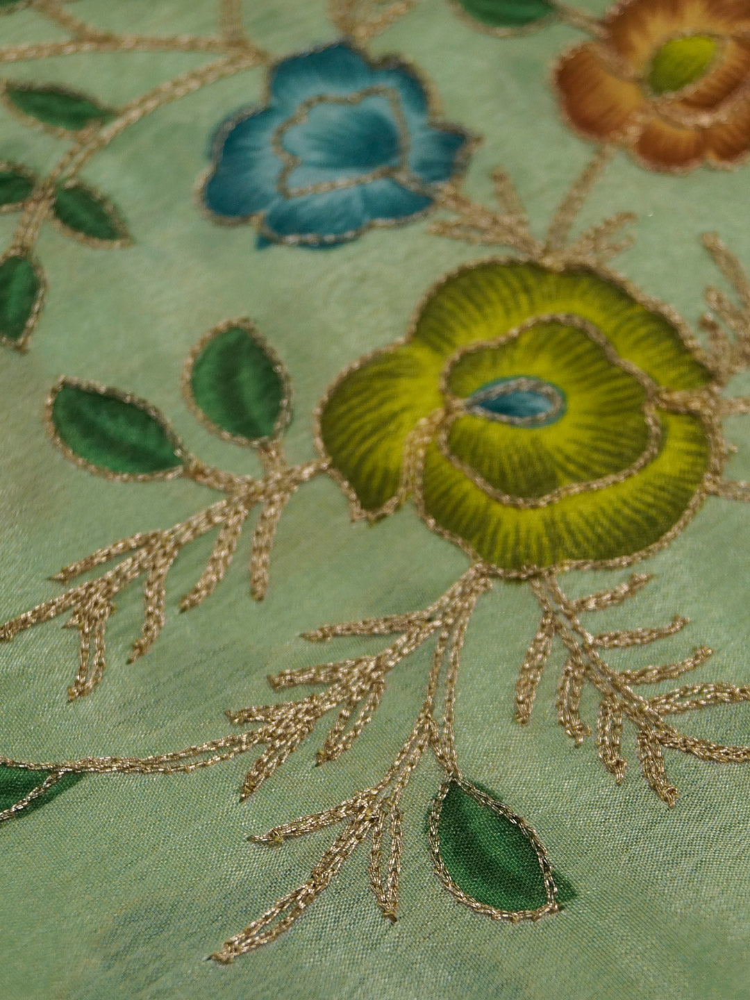 Pastel Green Coloured Chinon (Nylon) Floral & Sequence Embroidered Fabric with position print fabric - MBA Fabricwala