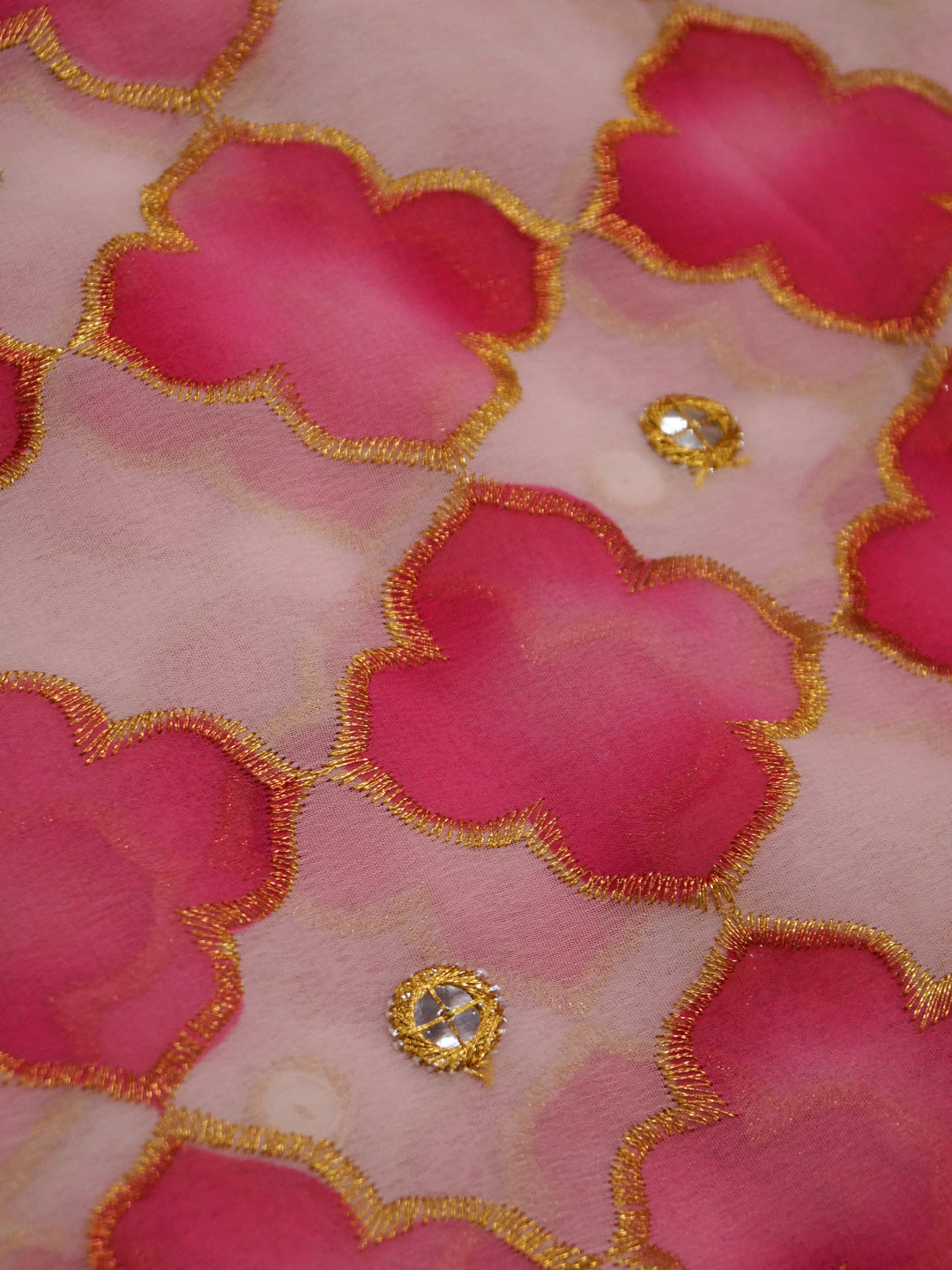 Pink Georgette (Nylon) Embroidered Fabric with position print fabric - MBA Fabricwala