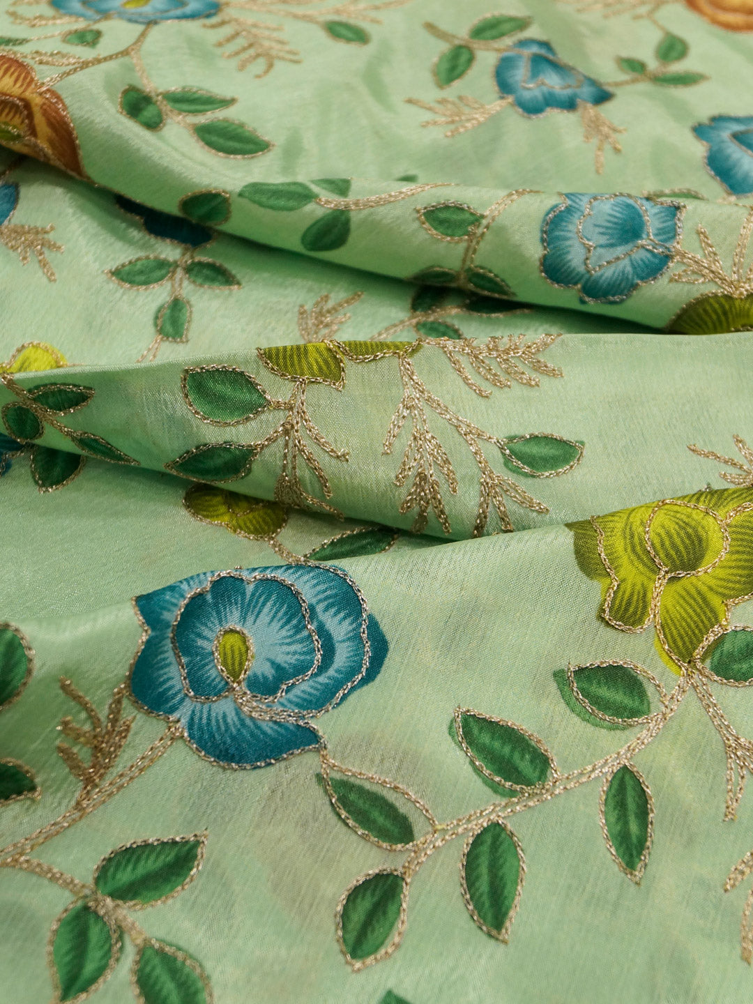 Pastel Green Coloured Chinon (Nylon) Floral & Sequence Embroidered Fabric with position print fabric - MBA Fabricwala