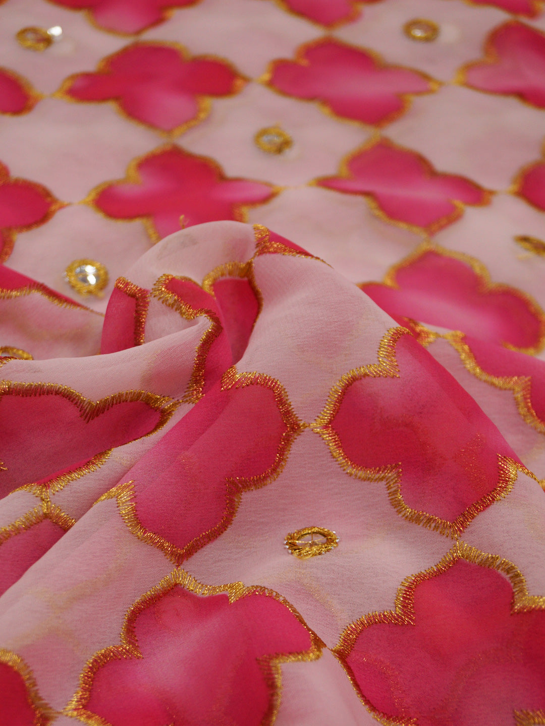 Pink Georgette (Nylon) Embroidered Fabric with position print fabric - MBA Fabricwala