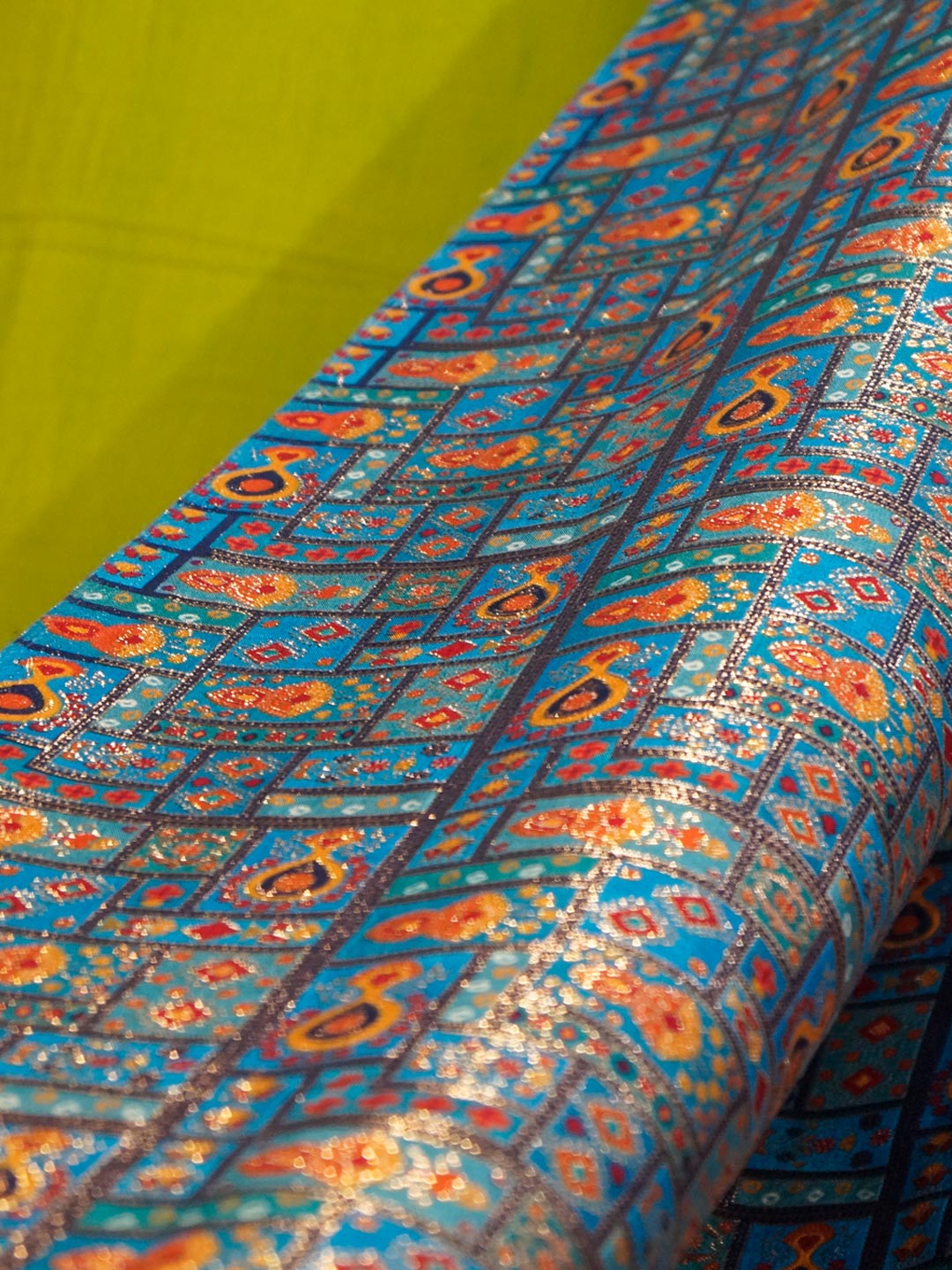 Dusty Blue Colour Russian Silk Viscose Jacquard work with position print fabric - MBA Fabricwala