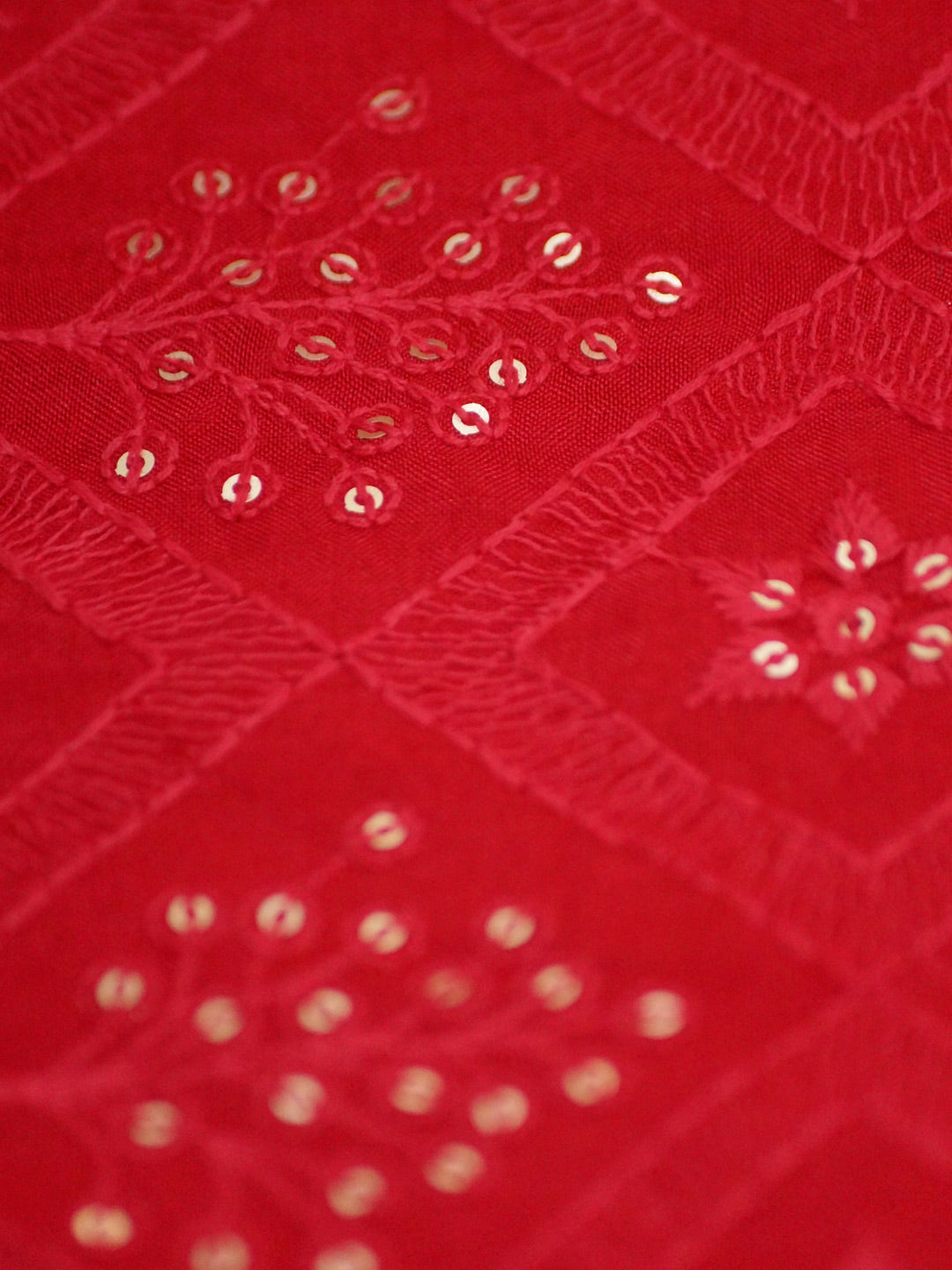 Red Silk Pure Viscose Uppara Silk With Thread Embroidery fabric - MBA Fabricwala