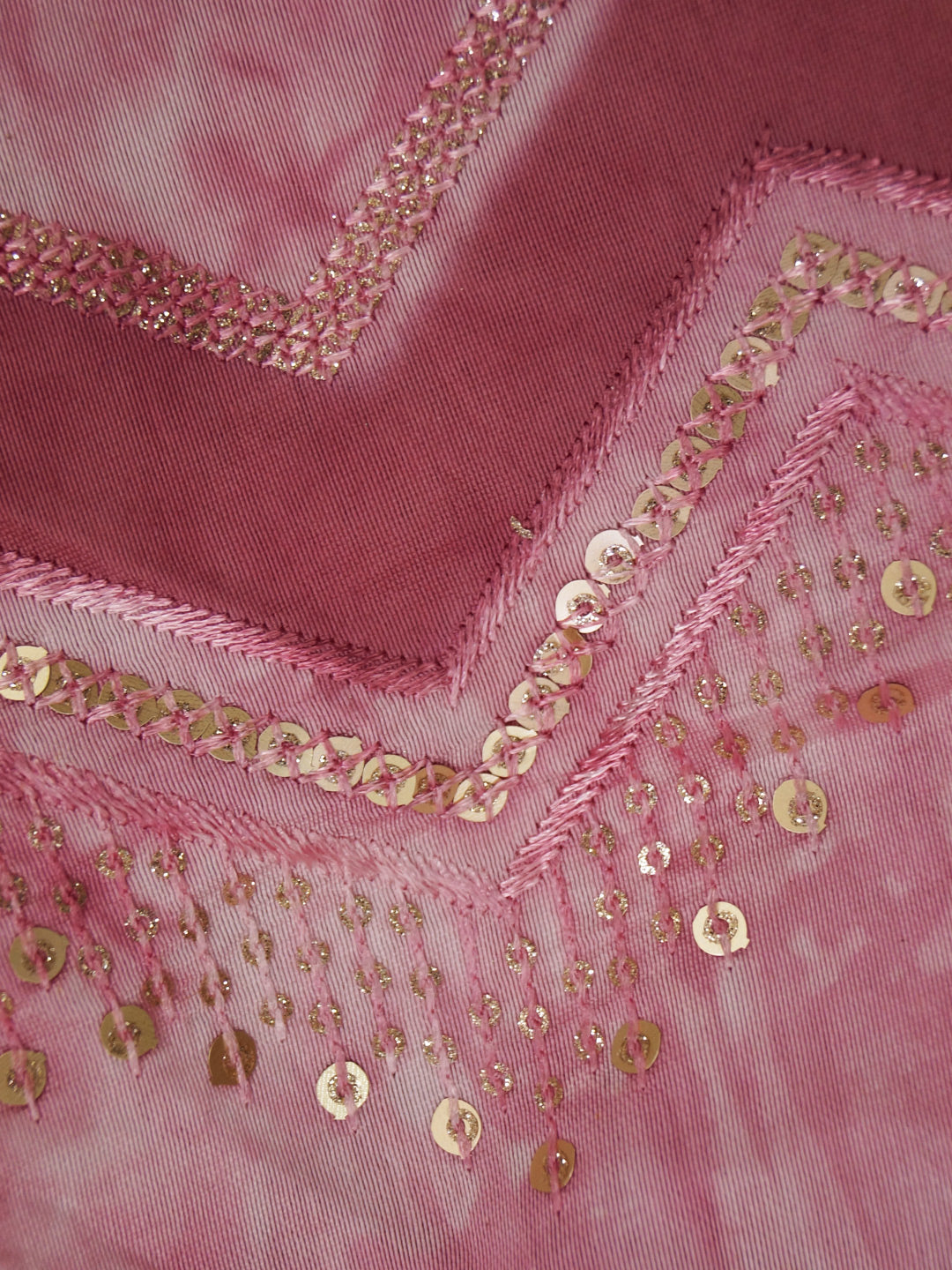 Pink Mul chanderi pure viscose Sequence Embroidery work with position print fabric - MBA Fabricwala