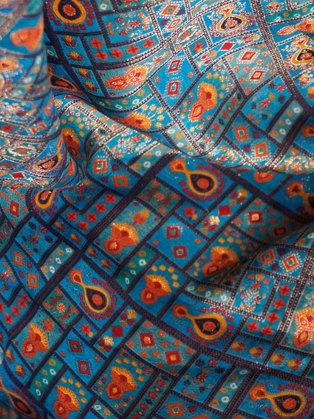 Dusty Blue Colour Russian Silk Viscose Jacquard work with position print fabric - MBA Fabricwala