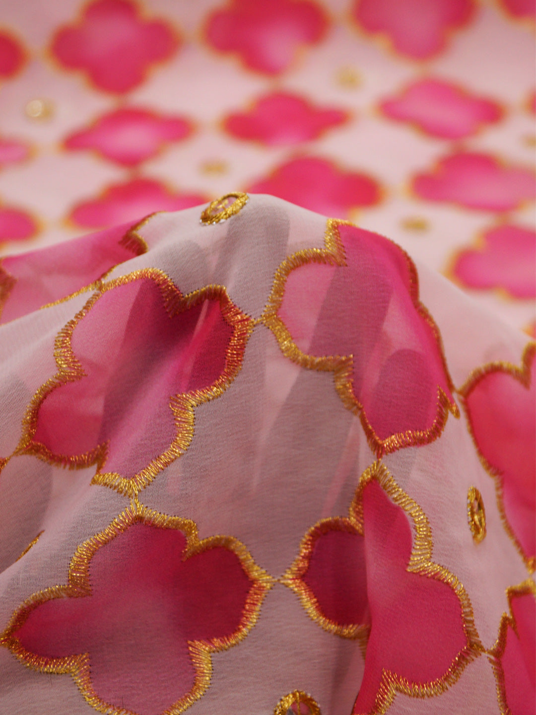 Pink Georgette (Nylon) Embroidered Fabric with position print fabric - MBA Fabricwala