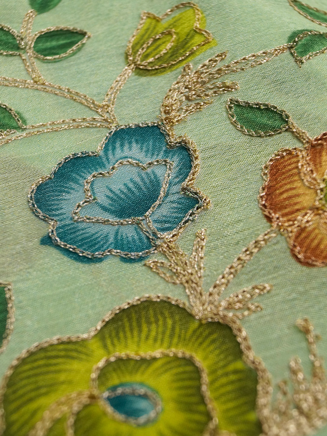 Pastel Green Coloured Chinon (Nylon) Floral & Sequence Embroidered Fabric with position print fabric - MBA Fabricwala